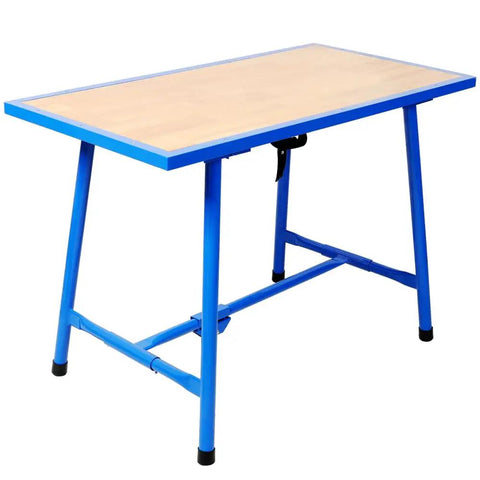 Heavy Duty Foldable Workbench Featuring Tough As Nails Steel Frame And Premium Wood Top, No Sweat Assembly For Garage Or Home Shop, 660 Lb Load Capacity, Blue with a wooden top and blue steel frame.