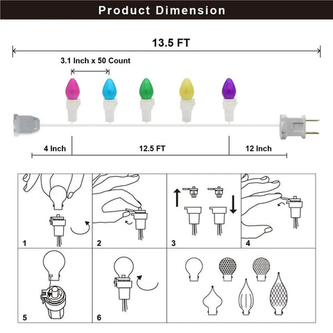 Easter LED String Lights 50 Count Glass C3 Bulbs Multi Color Pastel 120V End To End Connectable UL ETL Certified IP44 Outdoor White Wire