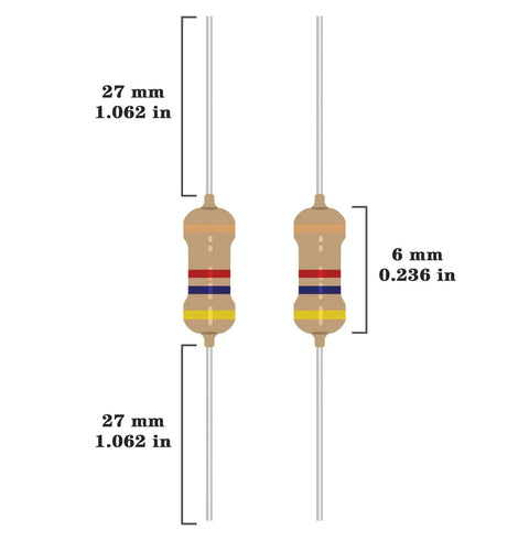 Fifty Value One Quarter Watt Carbon Film Resistors Kit With 0 Ohm To 10M Ohm Range, showing dimensions and color markings.