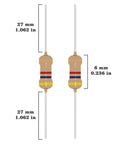 Carbon film resistors with dimensions, part of the 25 Value One Quarter Watt Carbon Film Resistor Kit From One Ohm To One Mega Ohm.