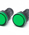 22mm LED Pilot Panel Indicator Light Green 220V AC Pack Of 2 For Industrial Equipment Built Tough Rock Solid Durability Shock And Vibration Resistant CE TUV Safety Certified Easy Mount 22mm Panel Light, pair front view