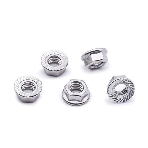 Pro Grade M5 0.8 Serrated Flange Hex Nuts Forged From Pure 304 Stainless Steel arranged for installation or assembly.