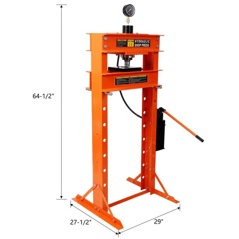 Badass 30 Ton Air Hydraulic Shop Press With Gauge And Air Pump, Heavy Duty H Frame, adjustable height, orange metal construction.