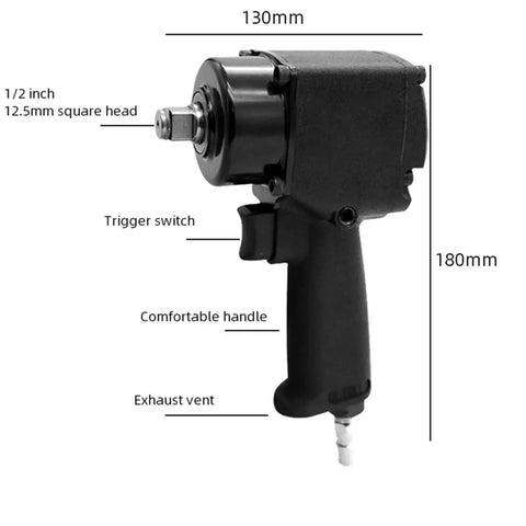 Heavy Duty Pneumatic Impact Wrench And Hammer Kit Delivering Serious Knockout Torque For Tough Job Sites, showing trigger, handle, and dimensions.