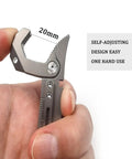 Close-up of EDC Titanium Multitool Pry Bar with Pocket Clip Mighty Bar Packs Wrench, showing self-adjusting wrench function.