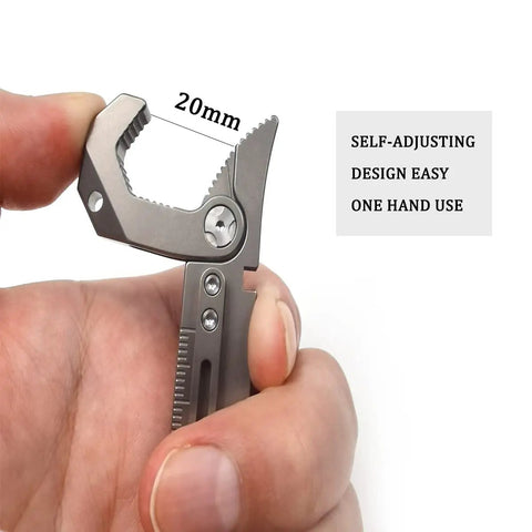 Close-up of EDC Titanium Multitool Pry Bar with Pocket Clip Mighty Bar Packs Wrench, showing self-adjusting wrench function.