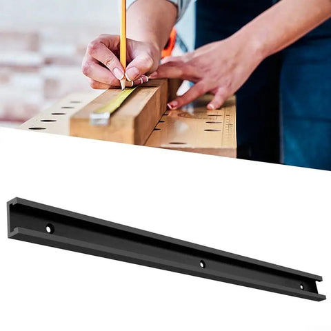 Pro Grade Woodworking T Slot Track 30mm Wide Aluminum Alloy Rail shown with a person measuring wood at a workbench.
