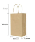 Small Natural Kraft Paper Gift Bags With Handles 5.25x3.25x8.25 Inch Brown Bulk Goody Bags with dimensions displayed.