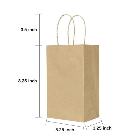 Small Natural Kraft Paper Gift Bags With Handles 5.25x3.25x8.25 Inch Brown Bulk Goody Bags with dimensions displayed.