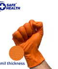 Orange Nitrile Work Gloves Diamond Grip Eight Mil Thick Case Of Nine Hundred Extra Large Powder Free Latex Free Build showing raised grip pattern.