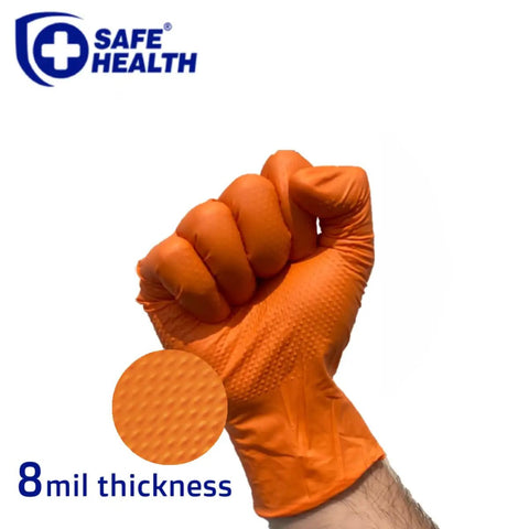 Orange Nitrile Work Gloves Diamond Grip Eight Mil Thick Case Of Nine Hundred Extra Large Powder Free Latex Free Build showing raised grip pattern.