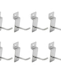 Eight Pack Slatwall Hooks Set, Thick Steel Wall Hangers 1.4 Inch Long, arranged in two rows, Sleek Silver finish