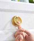 Brass Cabinet Ring Knobs Set, Gold Round European Style Drawer Pulls With Smooth Grip on white dresser drawer