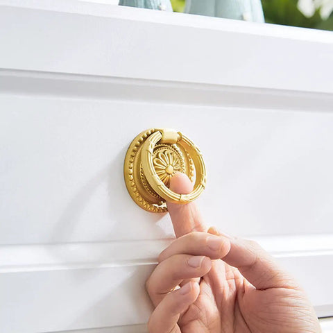 Brass Cabinet Ring Knobs Set, Gold Round European Style Drawer Pulls With Smooth Grip on white dresser drawer