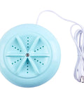 Knock Out Your Laundry Hustle With Slick Portable Mini Washing Machine Featuring Blue Drum Spin, compact blue device with USB cord.