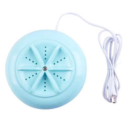 Knock Out Your Laundry Hustle With Slick Portable Mini Washing Machine Featuring Blue Drum Spin, compact blue device with USB cord.