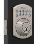 Refurbished Keyless Electronic Deadbolt With Remote For Home Security Single Cylinder Smart Door Lock Easy Install Dope Convenience Ready To Go Right Now in satin stainless steel with keypad and keyhole on door frame.