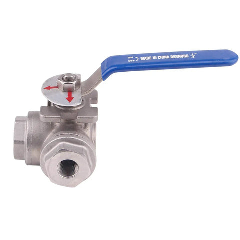 3-Way Ball Valve With L Mounting Pad Stainless Steel 304 Female 1/4 Inch NPT Ports For Water Oil And Gas Vinyl Locking Handle 1000 WOG