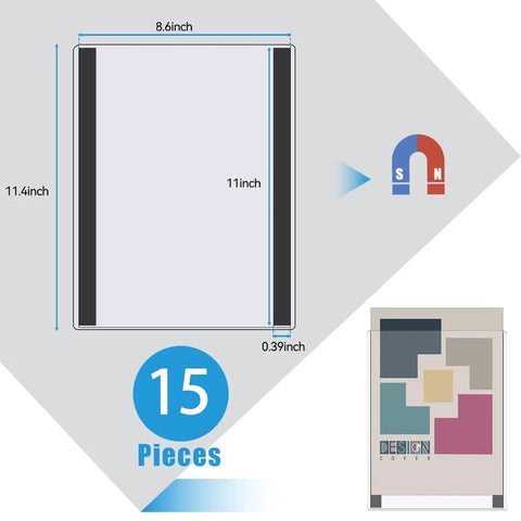 15 Pack Magnetic Sign Holders For 8.5 By 11 Documents showing measurements and magnetic frame design