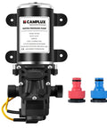 12V DC Self Priming Water Pump With 1.6 GPM Diaphragm 65 PSI Half Inch NPT, includes red and blue hose connectors