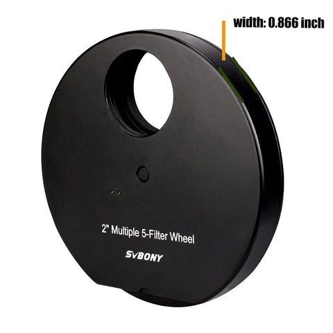 Five Position Telescope Filter Wheel For 2 Inch Eyepieces With Adapter And Lock Ring, angled view showing 0.866 inch width