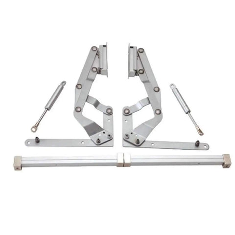 Vertical Lift Translational Pneumatic Hinge Set With Silent Soft Close Dampers For Cabinets, metal components displayed flat.