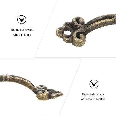 Close-up of 20-Piece Mini Antique Bronze Cabinet Pulls Set detailing rustic metal hardware with rounded corners for jewelry boxes.