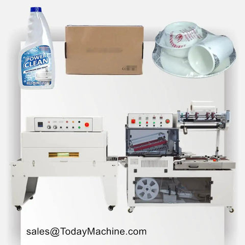 Heavy Duty Semi Automatic Shrink Wrapping Machine For Bottle Label Sleeve Sealing with heated sealer, cups and packaging box.