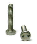 Top Shelf 18-8 Stainless Steel Spanner Snake Eye Tamper Proof Pan Head Machine Screws 1/4-20 X 5/8 Inch close-up view.