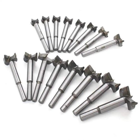 16 Piece Forstner Drill Bit Set With High Strength Steel Build features various sizes for clean cuts in hardwood.
