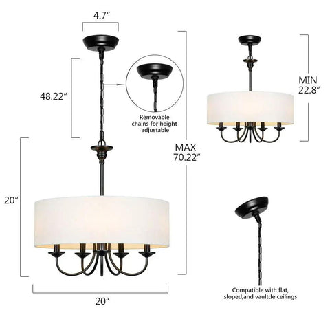 Traditional 5 Light Chrome Drum Chandelier With White Linen Shade height adjustment and installation details