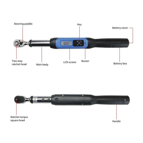 Electric Digital Torque Wrench With Half Inch Bidirectional Ratchet Head And Flexible Adjustable Controls showing LCD screen and ratchet head.