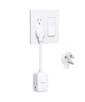 Slim 6 Inch Extension Cord With 3 Outlets And 900J Surge Protector 15 Amps 1875 Watts ETL Listed Grounded Plug Flat Face Space Saving Splitter For Travel Kitchen Bathroom And Office In Tight Spaces White, shown plugged into a wall outlet.