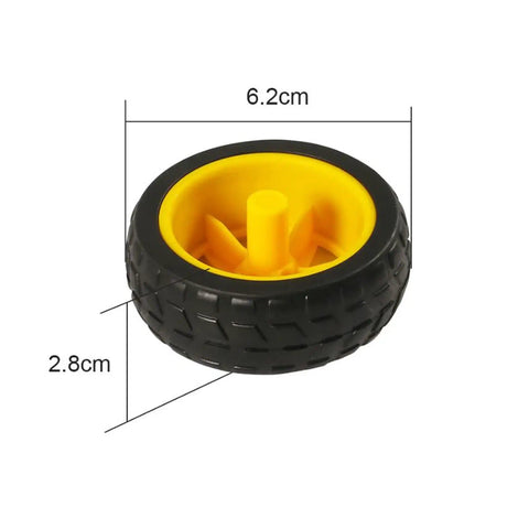 Close-up of a black and yellow wheel from the Four Pack TT Motors With 1 To 48 Gearbox Dual Shaft, 3 To 6V, 200 RPM, Wheel Kit For Arduino DIY Smart Car Robots