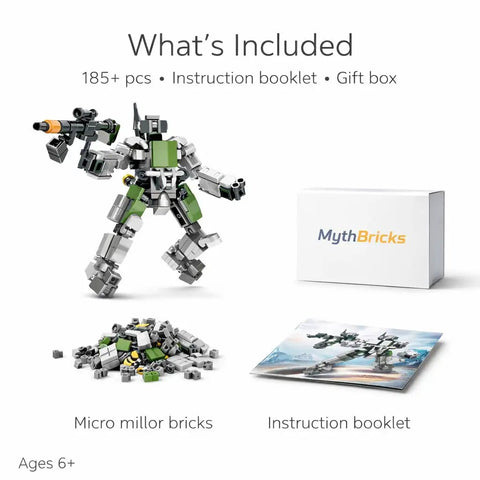 Awesome STEM Robot Building Kit For Teens And Adults Build A Large Warrior Bot And A Smaller Sidekick Mech With 158 Piece Kit Hands On Engineering Toy For Creative Minds: robot, bricks, booklet, box