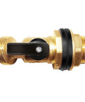Side view of Brass Rain Barrel Spigot with 3/4 Inch Threaded Inlet 1/2 Inch Female NPT and 3/4 Inch Garden Hose Outlet for outdoor watering
