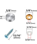 Slick Decorative Mirror Screws With Stainless Steel Caps and Solid Fasteners dimensions including 5/8 inch cap and 15/16 inch screw.