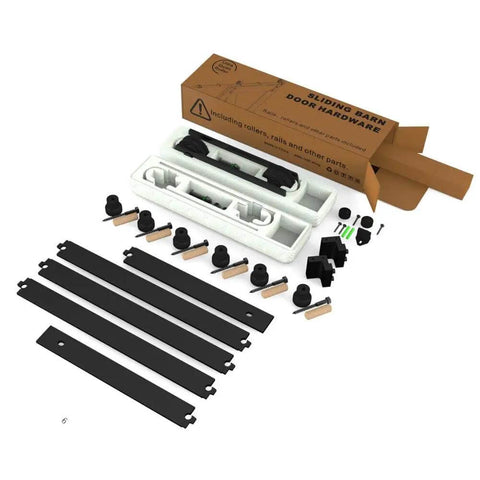 Budget Friendly Six Foot Sliding Barn Door Hardware Kit For One Wood Door with included installation components and guide.