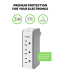 Wall Mount Surge Protector With Three AC Outlets And Two USB Ports Flat Rotating Plug Power Strip For Home Office Travel Wall Outlet Extender 918 Joules Of Surge Protection Ideal Desktop Charging Station with warranty information.