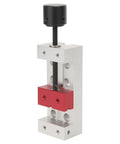 Heavy Duty Mini Aluminum Bench Vise Clamp For Drill Press Workstation, compact vise with red jaws and silver body.