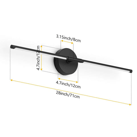 Set Of Two 28 Inch Black Linear Wall Sconce Hardwired 3000K Warm Led Light Fixture 360 Degree Swivel top view with dimensions.