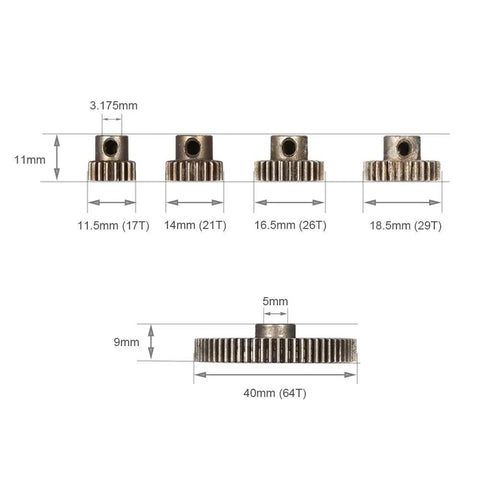 Beefed Up Steel Differential Main Spur Gear Set 64T 17T 21T 26T 29T Motor Gear For RC Cars Replacement Parts dimensions view