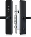 Slick Fingerprint Door Lock Delivering Dead Easy App Pairing And Rock Solid Setup For Tight Home Security Plus Fast Guest Swipes Via Custom Temp Codes And Lightning Fast Biometric Scanning, black touchscreen design.