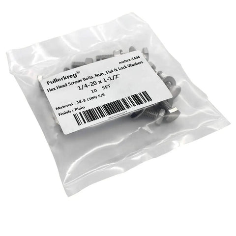 Package of Heavy Duty Stainless Steel Hex Head Screws Bolts Set 1/4-20 X 1-1/2 Fully Threaded With Nuts Flat And Lock Washers 18-8 304.