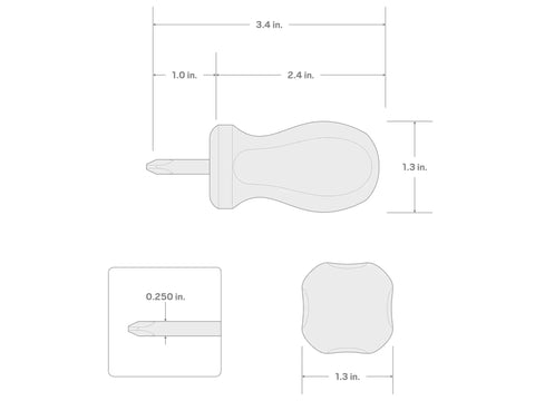 Dimensions of Stubby Two Phillips Screwdriver With Hard Handle And Black Oxide Blade For Tight Spaces And Pro Grade Projects.