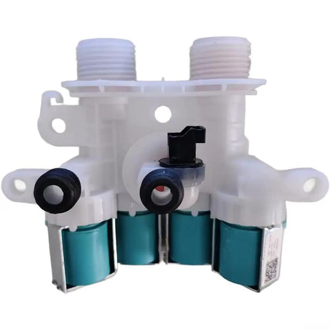 Water Inlet Solenoid Valve For Washing Machine 120V With 4 Port Design No Fuss Easy Install Cyan Long Lasting Plastic Construction Replacement Part For W11096268 And W11165546, front view