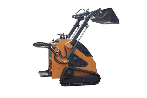 Side view of 23 HP Mini Skid Steer Loader With Bucket And Pallet Forks For Garden And Yard Work Farm Jobs Parks Roads And Construction Sites EPA Gasoline Engine In Stock USA Ready For Any Jobsite