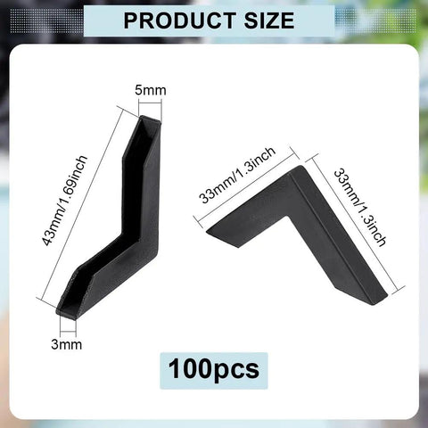 Kick Those Dull Scratches Straight To The Trash With These Heavy Duty Black Plastic Corner Protectors And L Shaped Bumpers Made To Keep Your Frames Mirrors And Glass Secure, showing size details 33x33x5mm.