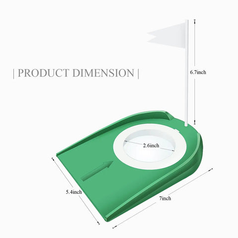 Putting Cup With Flag Indoor Golf Hole Practice Kit dimensions showing rubber cup 5.4 x 7 inches and 6.7-inch flag height.