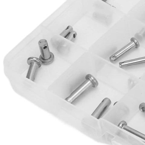 Close-up of 12 Size Stainless Steel Clevis Pin Set 44 Pack Assortment Kit For Car Repair And Hardware Projects With Single Hole Flat Round Pins